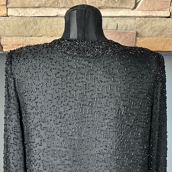 VTG 80s Laurence Kazar Silk Sequins Beaded Jacket Party Event Holiday Black MP - Picture 6 of 10